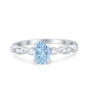 Vintage Style Wedding Ring Oval Simulated Aquamarine CZ 925 Sterling Silver
